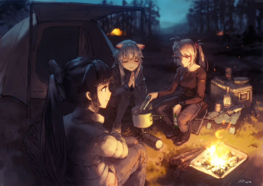 3girls alternate_costume animal_ears azur_lane black_hair bonfire camping commentary_request contemporary cooking fire forest hyuuga_(azur_lane) long_hair multiple_girls nature night ponytail prinz_eugen_(azur_lane) revision rias-coast silver_hair sitting smile takao_(azur_lane) tent two_side_up