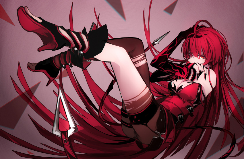 1girl absurdres ass black_footwear black_gloves bloody_queen_(elsword) breasts brown_legwear buckle cleavage elesis_(elsword) elsword full_body gloves grey_background highres long_hair looking_at_viewer medium_breasts pantyhose red_eyes redhead shaded_face shiliuye_feiyu shoes solo torn_clothes torn_pantyhose