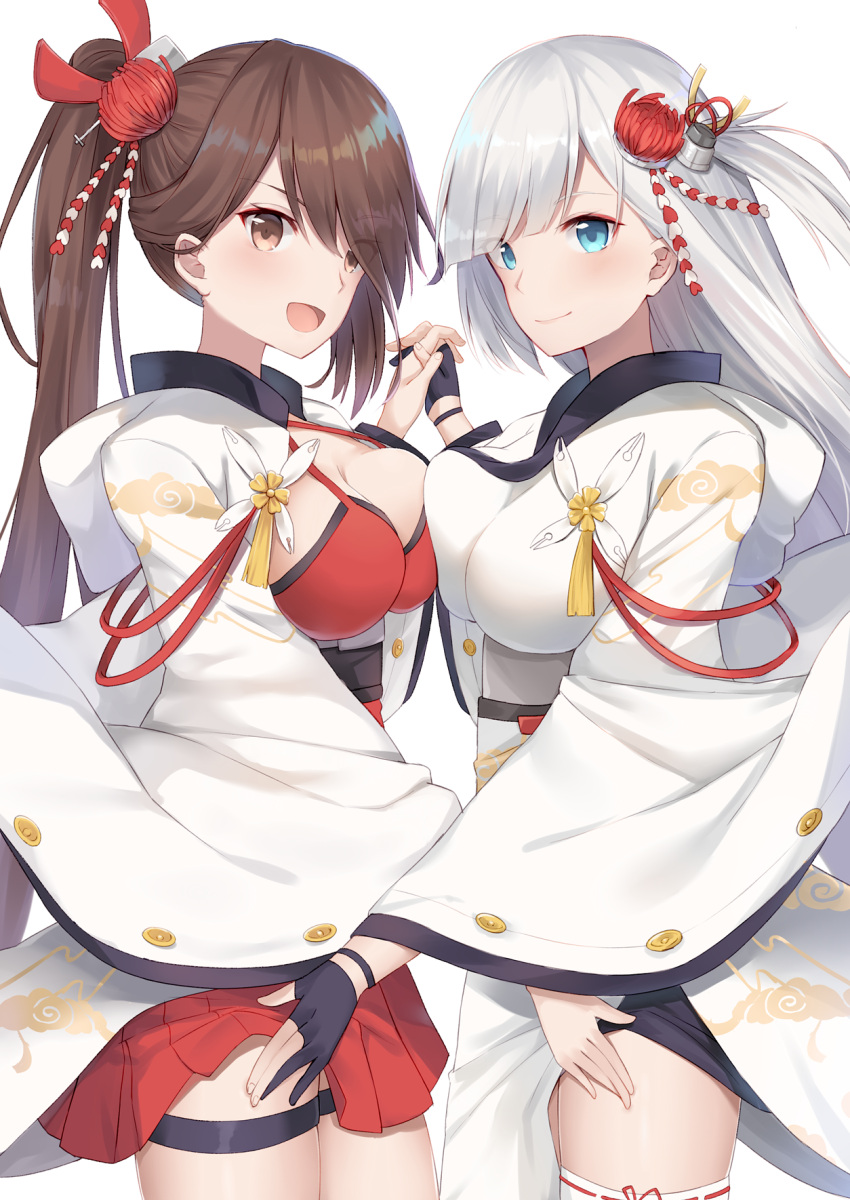 2girls :d azur_lane bangs black_gloves blue_eyes breast_press breasts brown_eyes brown_hair cleavage closed_mouth cloud_print dress eyebrows eyebrows_visible_through_hair eyes_visible_through_hair eyeshadow facing_another fingernails flower gloves hair_ornament hand_holding high_ponytail highres hood hood_down interlocked_fingers japanese_clothes long_hair makeup medium_breasts multiple_girls one_side_up open_mouth partly_fingerless_gloves red_dress ribbon-trimmed_clothes ribbon-trimmed_legwear ribbon_trim short_dress shoukaku_(azur_lane) silver_hair simple_background skindentation smile straight_hair swept_bangs symmetrical_docking symmetry thigh-highs thigh_strap tongue white_background white_legwear wristband yukarite zuikaku_(azur_lane)