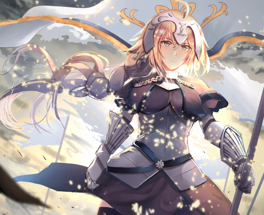 1girl armor armored_dress banner black_dress black_legwear blonde_hair breasts breasts_apart cowboy_shot day dress eyebrows_visible_through_hair fate/apocrypha fate_(series) floating_hair gauntlets green_eyes hair_between_eyes highres holding holding_weapon jeanne_d'arc_(fate) jeanne_d'arc_(fate)_(all) large_breasts long_hair neko-hime_(neko-hime) outdoors ponytail solo standing thigh-highs very_long_hair weapon