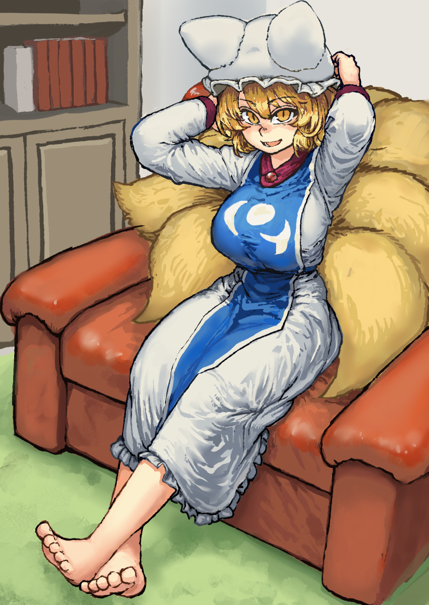 1girl :d animal_ears barefoot blonde_hair bookshelf breasts chanta_(ayatakaoisii) couch eyebrows_visible_through_hair fox_ears fox_tail hands_up hat highres huge_breasts indoors long_sleeves looking_at_viewer multiple_tails open_mouth pillow_hat shirt short_hair sitting skirt slit_pupils smile solo tabard tail touhou tree white_hat white_shirt white_skirt yakumo_ran