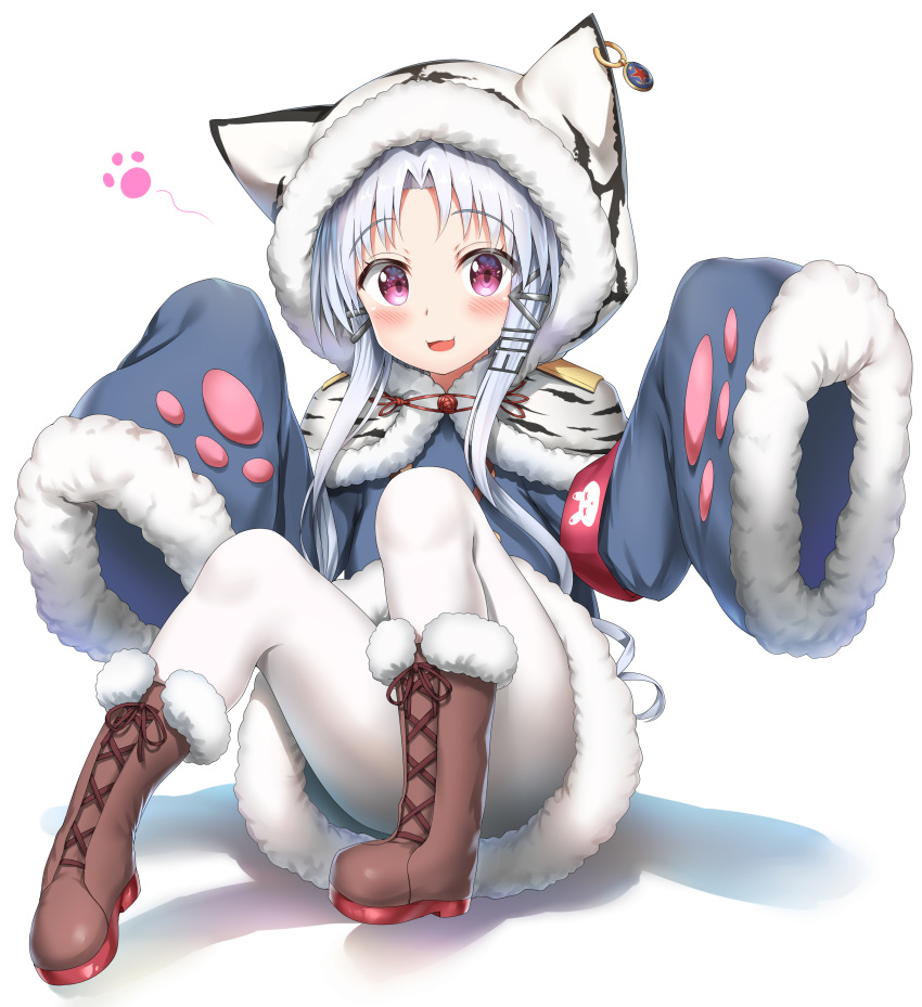 1girl :3 :d absurdres animal_ears animal_print armband azur_lane bangs blue_coat blush boots brown_footwear changchun_(azur_lane) commentary_request cross-laced_footwear eyebrows_visible_through_hair full_body fur-trimmed_boots fur-trimmed_sleeves fur_trim hair_ornament highres hood hood_up hooded_capelet lace-up_boots long_sleeves looking_at_viewer nedia_(nedia_region) open_mouth pantyhose parted_bangs red_eyes sidelocks silver_hair sitting sleeves_past_fingers sleeves_past_wrists smile solo striped tiger_ears tiger_hood tiger_print vertical_stripes violet_eyes white_background white_legwear wide_sleeves