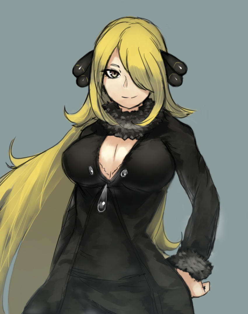 1girl absurdres arm_at_side black_coat blonde_hair breasts brown_eyes cleavage closed_mouth coat fur_collar fur_trim hair_ornament hair_over_one_eye hand_on_hip highres large_breasts long_hair long_sleeves looking_at_viewer matinmorgen pokemon pokemon_(game) pokemon_dppt shirona_(pokemon) smile solo standing upper_body very_long_hair