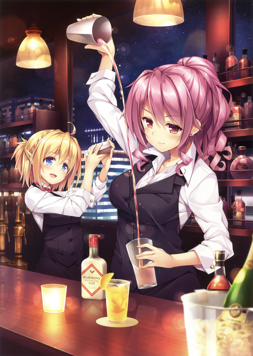 2girls absurdres ahoge akizora_momiji arms_up bangs black_vest blonde_hair blue_eyes blush bottle breasts brown_eyes buttons closed_mouth collared_shirt countertop cuff_links earrings ears_visible_through_hair eyebrows_visible_through_hair food fruit hair_between_eyes highres ice_bucket jewelry large_breasts light liquor looking_at_viewer multiple_girls open_mouth original pink_hair pouring scan shaker shelf shirt sleeve_cuffs vest waitress white_shirt window