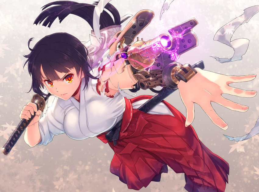 1girl bangs black_hair breasts cannon charging closed_mouth commentary_request cyborg fingernails frown hakama holding itou_(onsoku_tassha) japanese_clothes katana large_breasts looking_at_viewer miko orange_eyes original outstretched_arm over_shoulder parts_exposed ponytail red_hakama scabbard sheath solo sword torn_clothes weapon weapon_over_shoulder