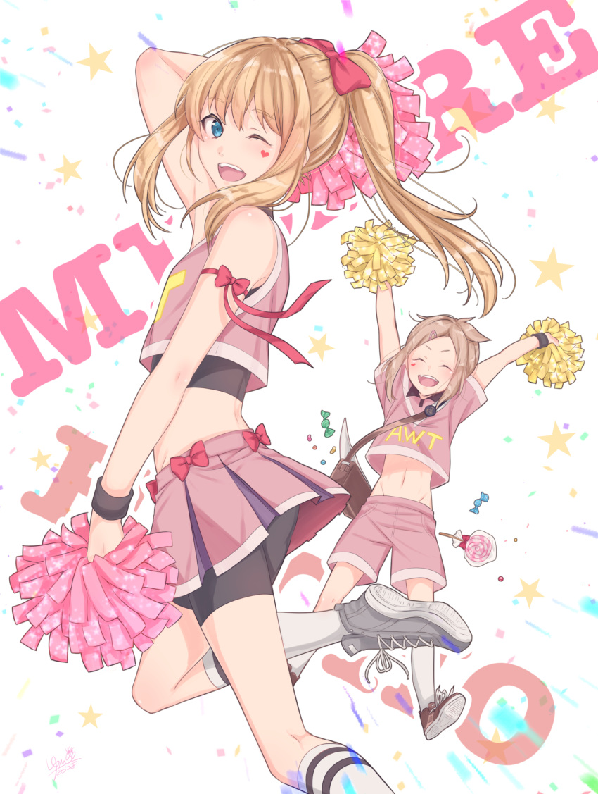 2boys ;d ^_^ bag blonde_hair blue_eyes bow brown_hair candy character_name cheerleader closed_eyes crop_top food hair_bow heart highres houchou_toushirou kneehighs lollipop male_focus messenger_bag midare_toushirou multiple_boys one_eye_closed open_mouth pleated_skirt pom_poms ponytail shorts shorts_under_skirt shoulder_bag skirt smile star touken_ranbu trap white_legwear yupinaccho