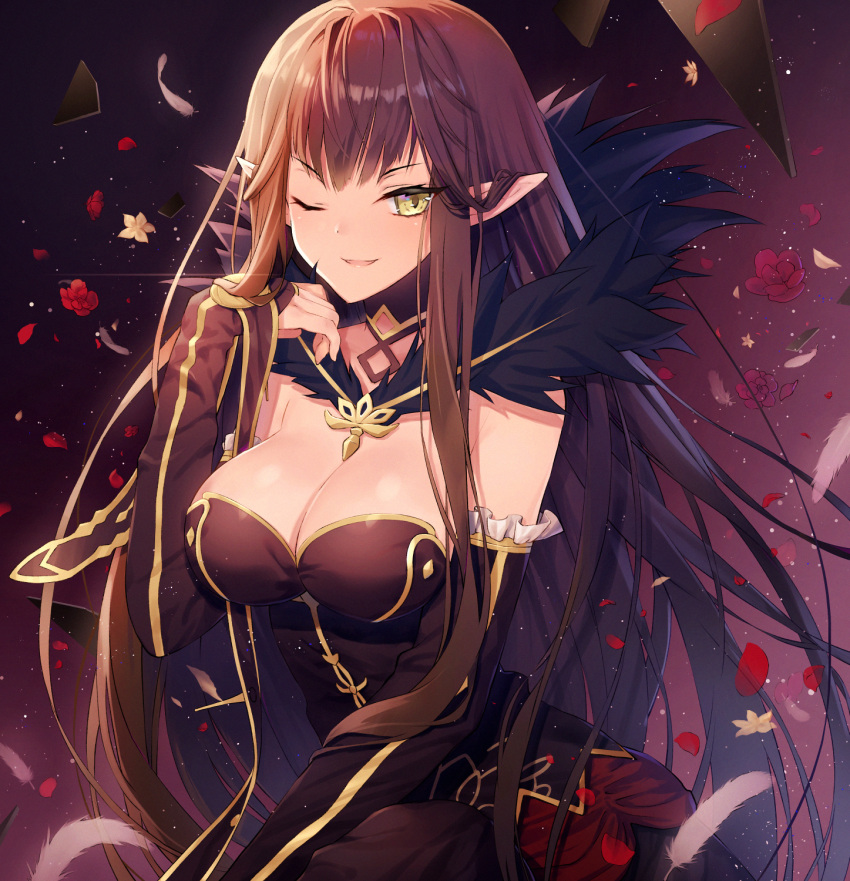 1girl black_hair breasts cleavage detached_sleeves fate/apocrypha fate_(series) feathers flower highres kuro_futoshi large_breasts long_hair one_eye_closed petals pointy_ears semiramis_(fate) smile solo yellow_eyes