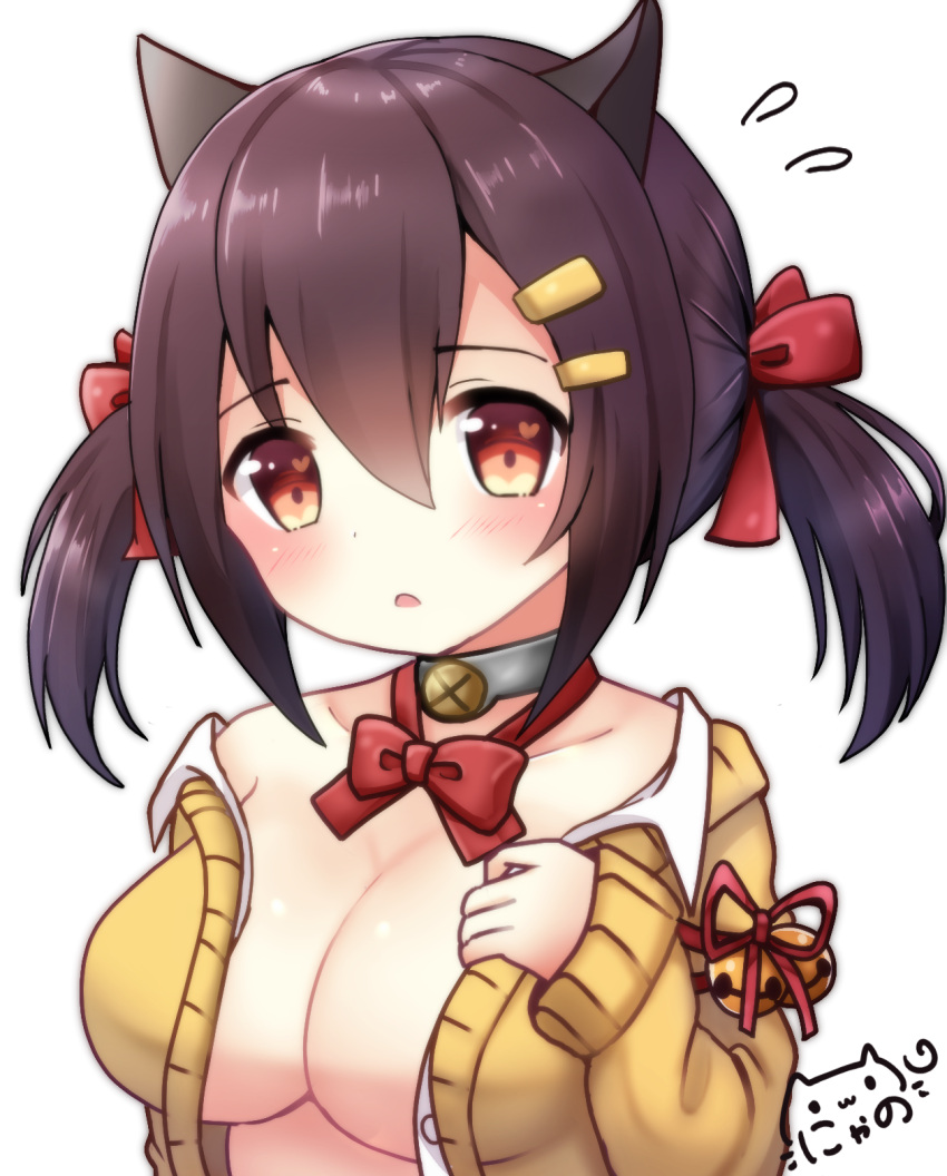 1girl animal_ears azur_lane bangs bell blush bow breasts brown_eyes brown_hair cardigan cleavage collarbone commentary_request dress_shirt eyebrows_visible_through_hair flying_sweatdrops hair_between_eyes hair_bow hair_ornament hairclip heart_in_eye highres jingle_bell large_breasts long_sleeves nagara_(azur_lane) nyano21 open_cardigan open_clothes open_shirt parted_lips red_bow red_ribbon ribbon shirt signature simple_background sleeves_past_wrists solo twintails white_background white_shirt