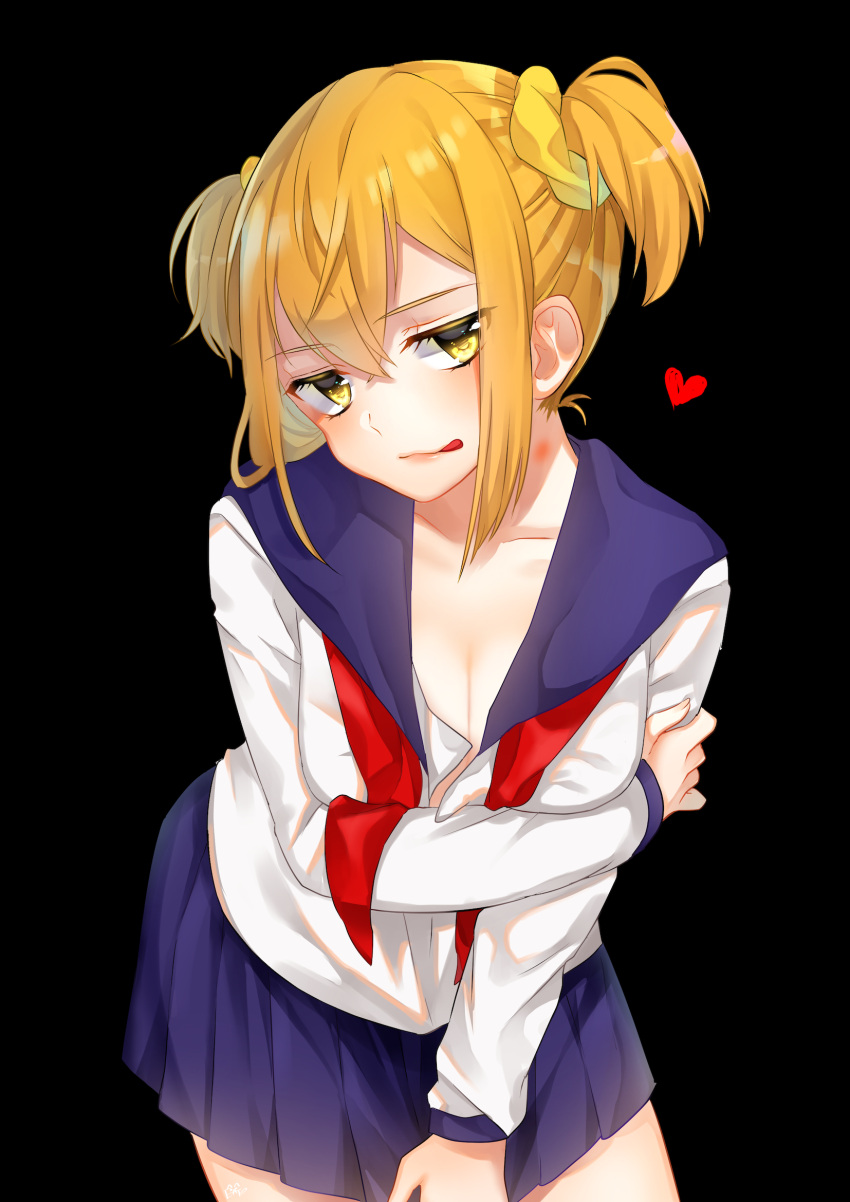 1girl black_background blonde_hair breasts cleavage etto_eat hair_ornament hair_scrunchie heart hickey highres looking_at_viewer open_clothes open_shirt poptepipic popuko school_uniform scrunchie serafuku sidelocks two_side_up yellow_eyes yellow_scrunchie