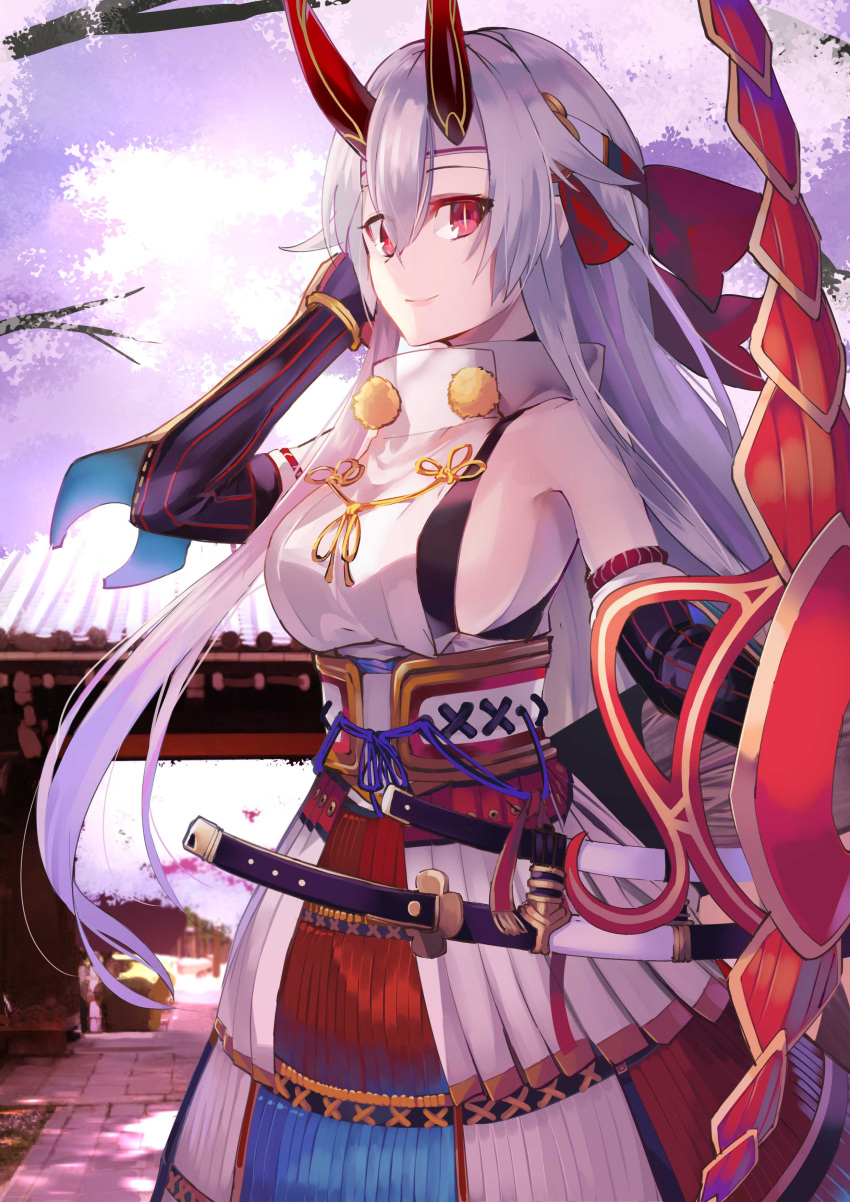 1girl absurdres blue_ribbon bow_(weapon) breasts day detached_sleeves fate/grand_order fate_(series) floating_hair hair_between_eyes hand_in_hair headband highres holding holding_bow_(weapon) holding_weapon horns large_breasts long_hair looking_at_viewer outdoors red_eyes ribbon sheath sheathed sideboob silver_hair smile solo sword tomoe_gozen_(fate/grand_order) very_long_hair weapon