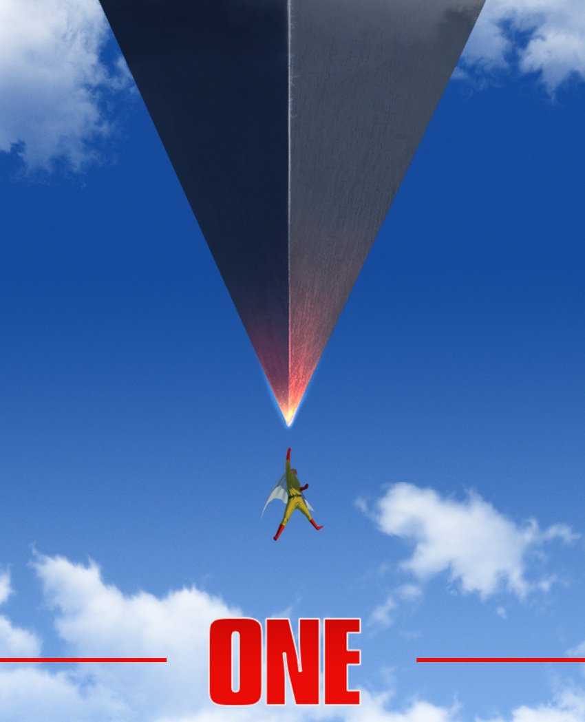 1boy alexander_terentyev bald belt blue_sky cape gloves highres male_focus one-punch_man punching pyramid red_footwear red_gloves saitama_(one-punch_man) size_difference sky solo superhero