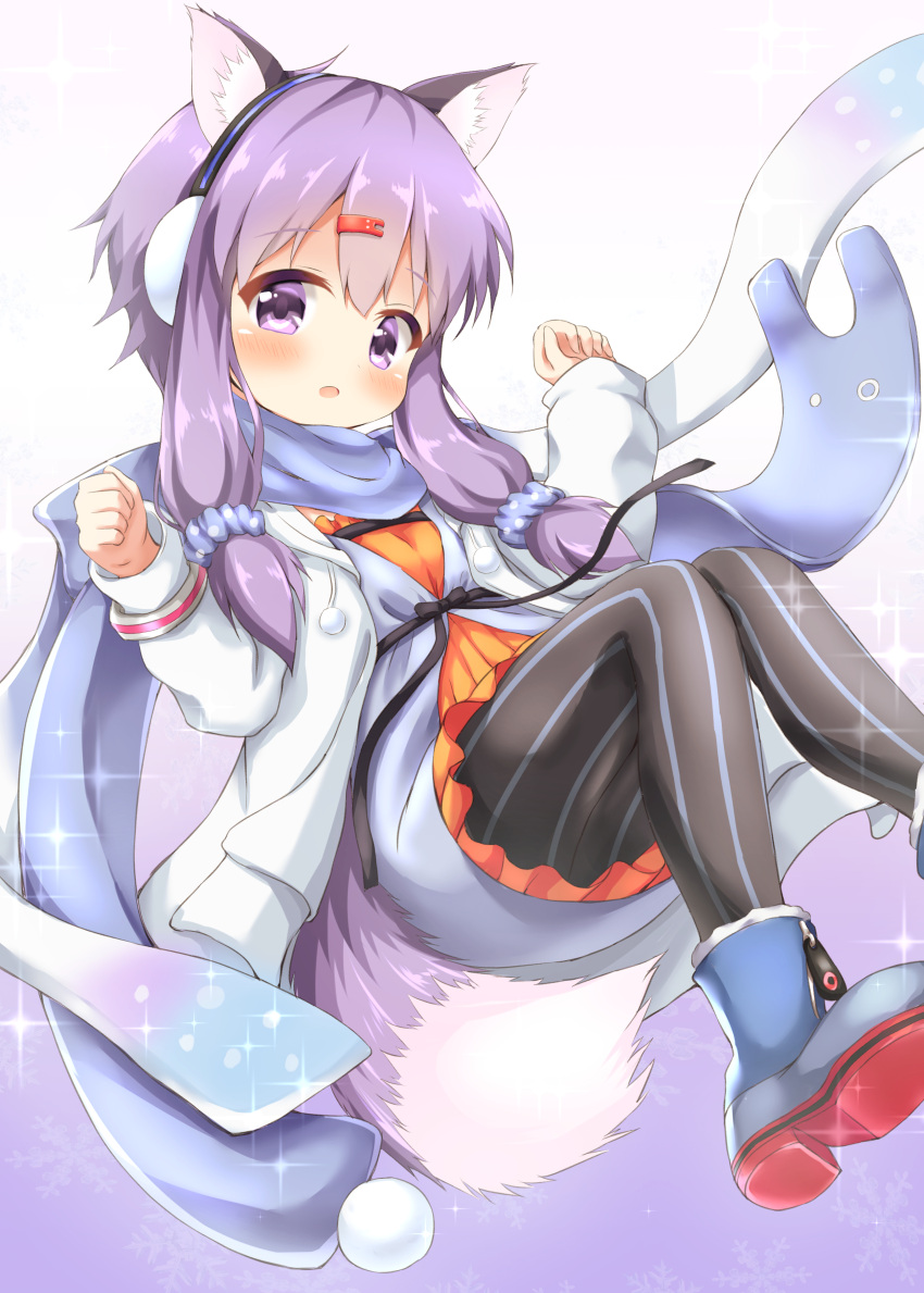 1girl :o absurdres animal_ears bangs black_legwear blue_dress blue_footwear blue_scarf blue_scrunchie blush dress earmuffs eyebrows_visible_through_hair fox_ears fox_tail fur-trimmed_boots fur_trim hair_between_eyes hair_ornament hair_scrunchie hairclip head_tilt highres hood hood_down hoodie long_hair long_sleeves looking_at_viewer open_clothes open_hoodie pantyhose parted_lips polka_dot polka_dot_scrunchie pom_pom_(clothes) purple_hair scarf scrunchie sidelocks solo sparkle striped striped_legwear tail vertical-striped_legwear vertical_stripes violet_eyes voiceroid waste_(arkaura) white_hoodie yuzuki_yukari