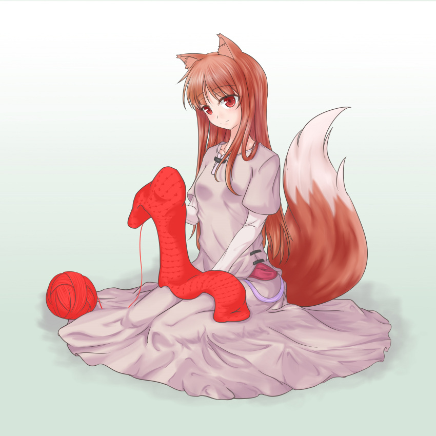 1girl absurdres animal_ears brown_hair dress eyebrows_visible_through_hair greatholo highres holo long_dress long_hair red_eyes red_yarn scarf sitting smile spice_and_wolf tail wariza wolf_ears wolf_tail yarn yarn_ball