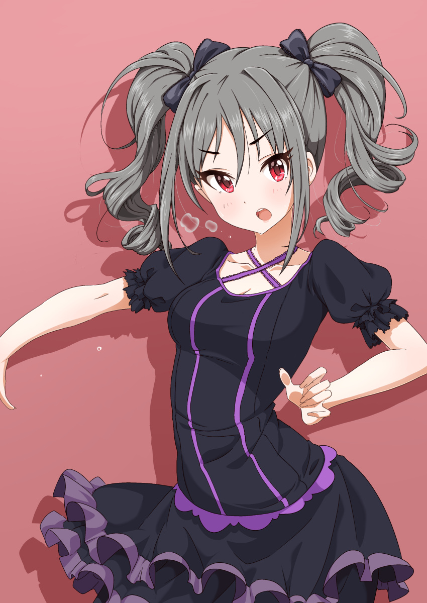 1girl absurdres asanaya blush collarbone curly_hair drill_hair female gothic_lolita grey_hair highres idolmaster idolmaster_cinderella_girls kanzaki_ranko lolita_fashion long_hair open_mouth red_eyes silver_hair simple_background solo twin_drills twintails