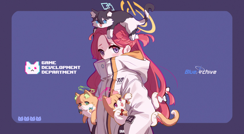 1girl absurdres animal_on_head animalization aris_(blue_archive) blue_archive bow braid carrying cat forehead gna_(mtac8272) hair_bow halo hands_in_pockets highres hood hooded_jacket jacket logo looking_at_viewer midori_(blue_archive) momoi_(blue_archive) on_head one_side_up redhead sideways_glance simple_background solo upper_body white_jacket yuzu_(blue_archive)