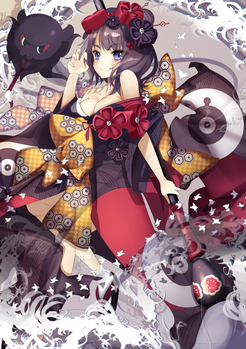 1girl absurdres black_hair blue_eyes breasts calligraphy_brush closed_mouth fate/grand_order fate_(series) flower hair_flower hair_ornament highres japanese_clothes katsushika_hokusai_(fate/grand_order) kimono liu_liu looking_at_viewer medium_breasts octopus paintbrush short_hair smile solo