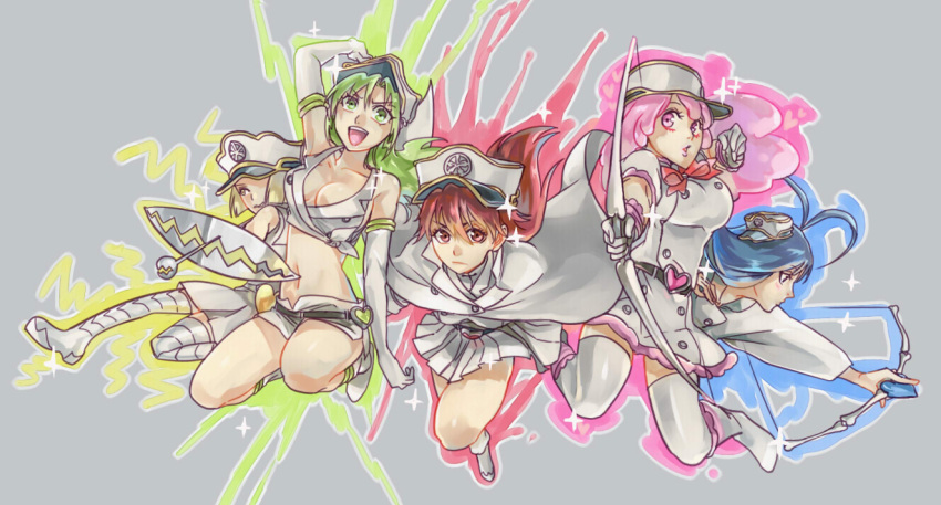 5girls anko_(tkg0705) bambietta_basterbine bleach bow breasts cleavage giselle_gewelle grey_background heart large_breasts medium_breasts microskirt military military_uniform multicolored multiple_girls shirt skirt tank_top uniform white_shirt