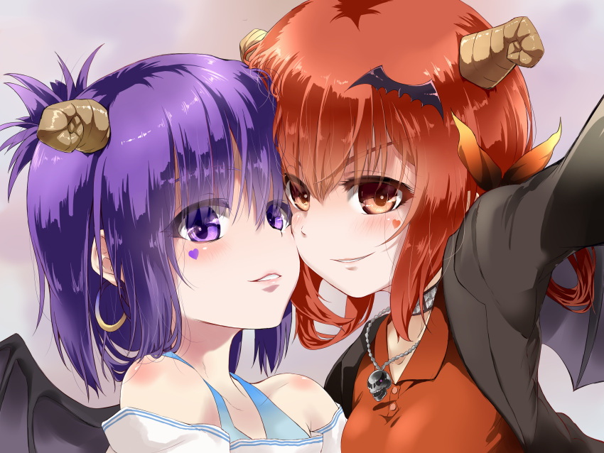 2girls bare_shoulders bat_hair_ornament blazer cheek-to-cheek choker commentary_request demon_girl demon_horns demon_wings earrings facial_tattoo gabriel_dropout hair_ornament hair_ribbon hair_rings heart heart_tattoo highres horns jacket jewelry kurumizawa_satanichia_mcdowell looking_at_viewer multiple_girls outstretched_arm parted_lips polo_shirt purple_hair red_eyes red_shirt redhead revision ribbon sazanka shirt short_hair skull_necklace smile smirk tattoo topknot tsukinose_vignette_april upper_body violet_eyes wings x_hair_ornament