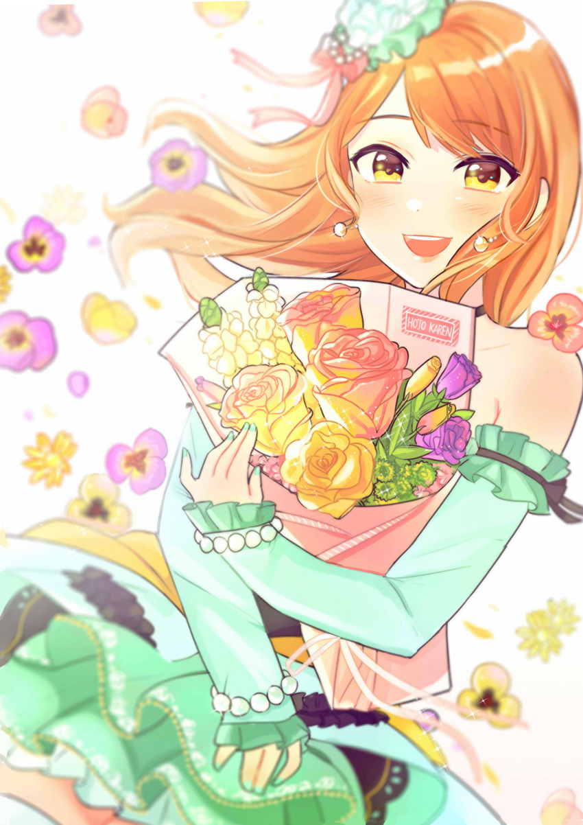 1girl absurdres bangs bare_shoulders bead_bracelet beads blush bouquet bracelet character_name detached_sleeves dress earrings eyebrows_visible_through_hair flower green_dress hair_ornament highres houjou_karen idolmaster idolmaster_cinderella_girls idolmaster_cinderella_girls_starlight_stage jewelry long_hair looking_at_viewer open_mouth orange_hair rose shiny shiny_hair simple_background smile solo swept_bangs tomato_omurice_melon white_background yellow_eyes