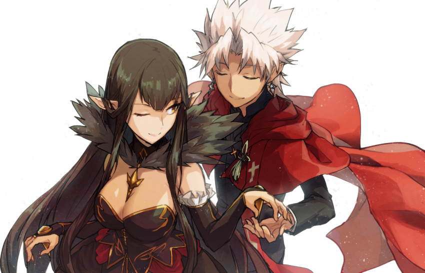 1boy 1girl amakusa_shirou_(fate) bare_shoulders black_dress black_hair breasts bridal_gauntlets cape cleavage closed_eyes commentary_request dark_skin detached_sleeves dress fate/apocrypha fate/grand_order fate_(series) fur_trim large_breasts long_hair long_sleeves menma222 one_eye_closed pointy_ears semiramis_(fate) smile very_long_hair white_hair yellow_eyes