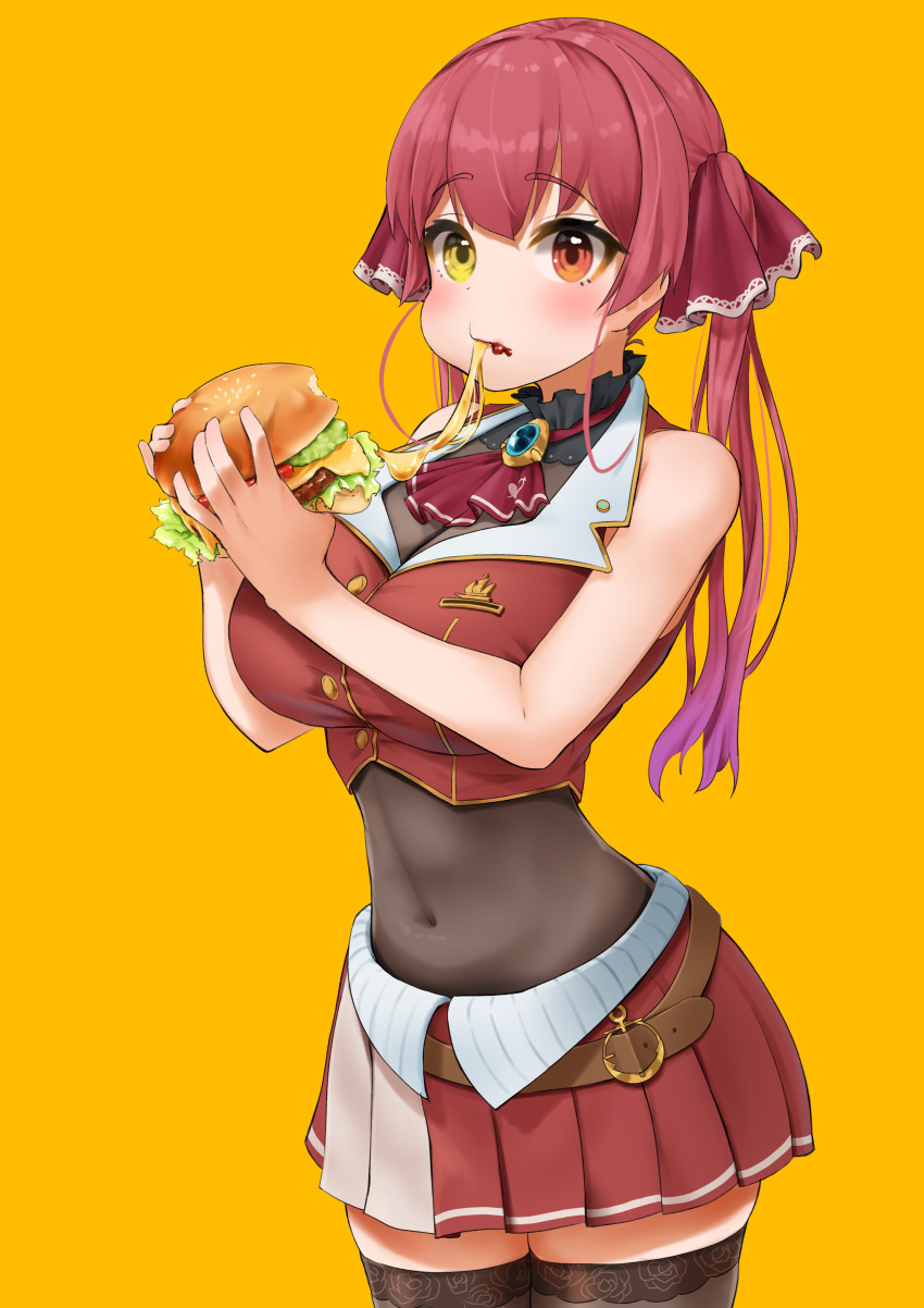 1girl absurdres ascot bangs black_legwear blush bodystocking breasts burger cheese_trail commentary_request covered_navel cowboy_shot eating eyebrows_visible_through_hair food food_in_mouth gradient_hair hair_ribbon heterochromia highres holding holding_food hololive houshou_marine jacket large_breasts long_hair looking_at_viewer multicolored_hair ootsuka_you pleated_skirt purple_hair red_eyes red_jacket red_neckwear red_ribbon red_skirt redhead revision ribbon simple_background skirt sleeveless sleeveless_jacket solo standing thigh-highs twintails virtual_youtuber yellow_background yellow_eyes zettai_ryouiki