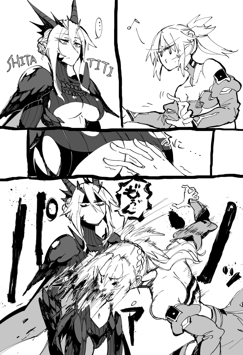 2girls absurdres ahoge armor armored_dress artoria_pendragon_(all) artoria_pendragon_(lancer) braid breasts cleavage cleavage_reach fate/apocrypha fate/grand_order fate_(series) french_braid hair_ornament hair_scrunchie hands highres mordred_(fate) mordred_(fate)_(all) multiple_girls ponytail scrunchie slapping takatsuki_nato translation_request trembling