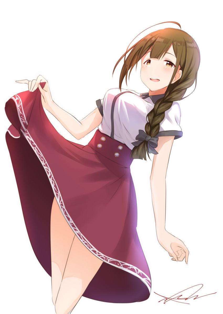 1girl absurdres ahoge black_ribbon blush breasts brown_hair commentary from_below highres idolmaster idolmaster_shiny_colors kuwayama_chiyuki large_breasts long_braid long_hair long_skirt looking_at_viewer open_mouth red_skirt ribbon signature skirt skirt_lift smile teeth thighs wattsu white_background yellow_eyes