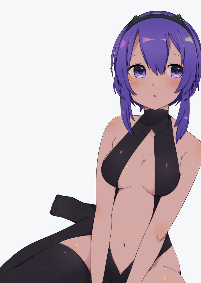 1girl backless_outfit bare_shoulders black_hairband breasts center_opening fate/grand_order fate_(series) hairband hassan_of_serenity_(fate) highres medium_breasts navel purple_hair sitting violet_eyes