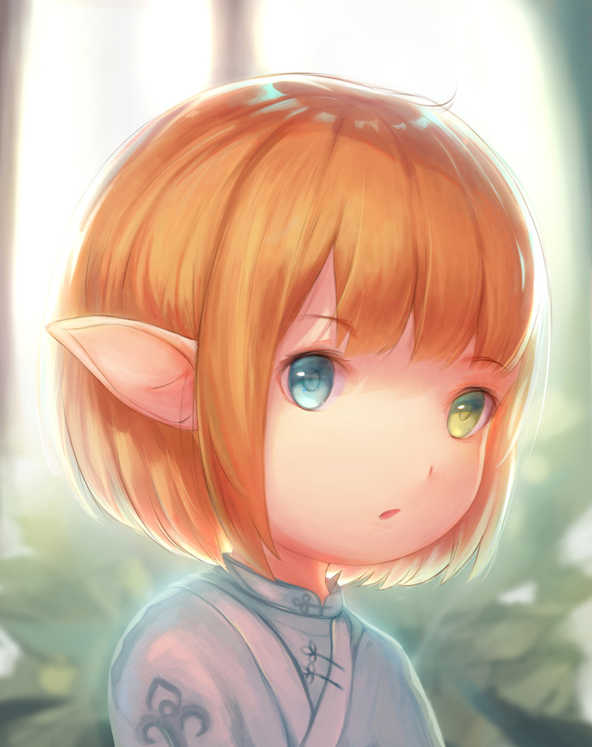 1girl absurdres brown_hair final_fantasy final_fantasy_xiv heterochromia highres lalafell open_mouth pointy_ears short_hair solo upper_body