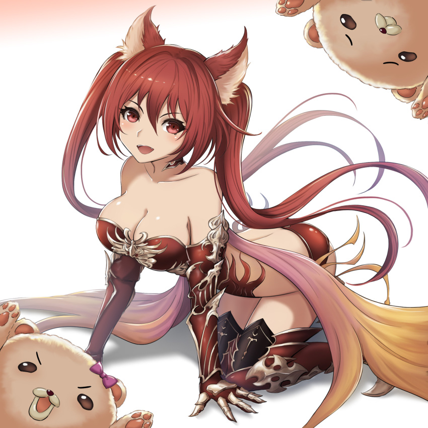 1girl all_fours animal_ears arched_back armor bangs bare_back bare_shoulders bikini_armor breasts cerberus_(shingeki_no_bahamut) choker cleavage collarbone dog_ears fang full_body granblue_fantasy head_tilt highres long_hair looking_at_viewer open_mouth panties puppet red_eyes red_panties redhead shadowverse shingeki_no_bahamut shiny shiny_skin smile solo stuffed_animal stuffed_toy thigh-highs twintails underwear vambraces very_long_hair yuki7128