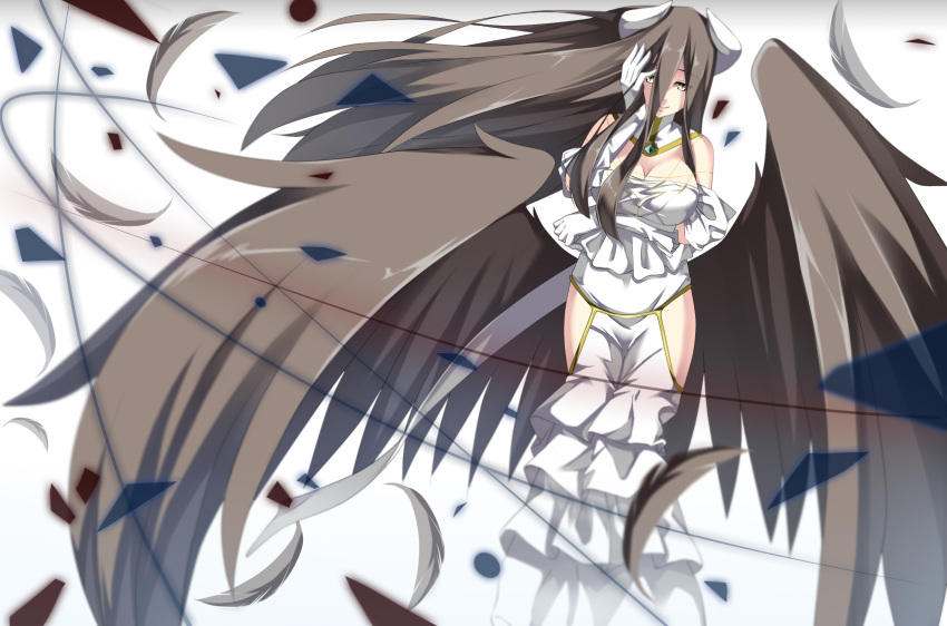 1girl albedo all-a black_hair black_wings breasts demon_girl demon_horns demon_wings dress gloves highres horns large_breasts long_hair overlord_(maruyama) smile solo very_long_hair white_dress white_gloves wings yellow_eyes