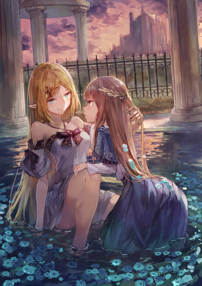 2girls absurdres bare_shoulders blonde_hair blue_skirt brown_hair castle closed_mouth column commentary_request dress eye_contact fence flower green_eyes hair_ornament hairclip hand_in_another's_hair highres knee_up kneeling kobutakurassyu long_hair looking_at_another multiple_girls original outdoors overcast pillar pool skirt smile soaking_feet very_long_hair water white_dress yuri