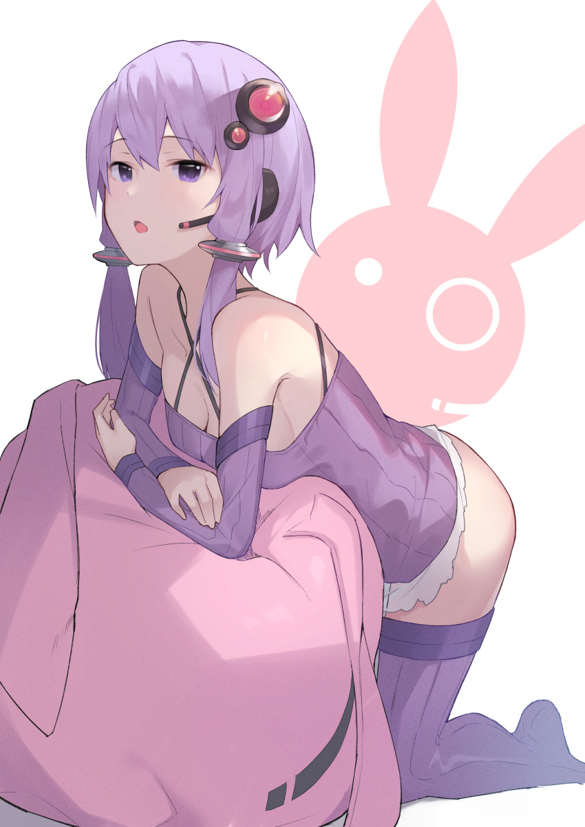 1girl absurdres ass bare_shoulders blush breasts cleavage commentary_request detached_sleeves dress emushake hair_ornament highres kneeling looking_at_viewer low_twintails no_shoes open_mouth purple_dress purple_hair purple_legwear short_hair_with_long_locks sidelocks solo strapless strapless_dress striped striped_legwear thigh-highs tube_dress twintails violet_eyes vocaloid voiceroid yuzuki_yukari