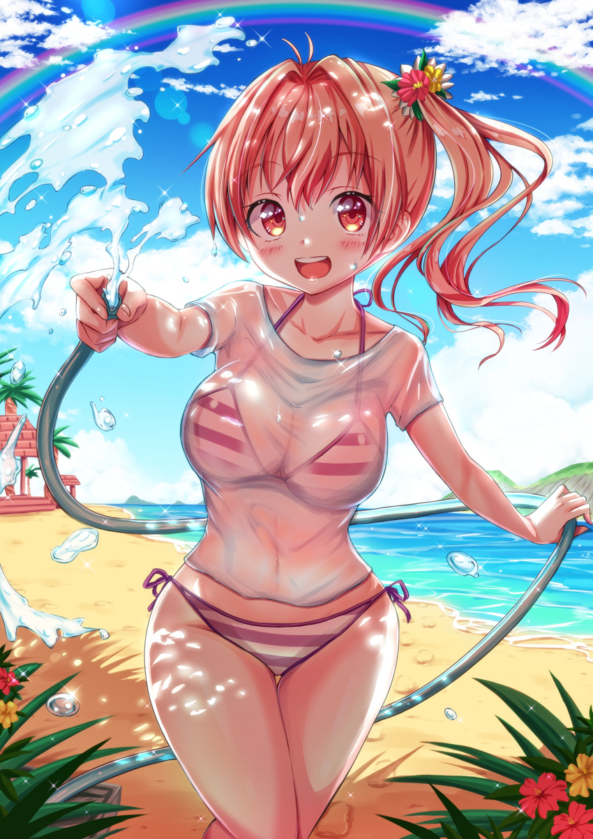 1girl absurdres antenna_hair bangs beach bikini blush breasts cleavage clouds cloudy_sky collarbone cowboy_shot day eyebrows_visible_through_hair flower hair_flower hair_intakes hair_ornament highres long_hair looking_at_viewer moe2018 open_mouth original outdoors pink_hair rainbow red_eyes round_teeth sand see-through shirt side-tie_bikini side_ponytail sky smile standing striped striped_bikini swimsuit teeth tenzeru thigh_gap thighs water water_drop white_shirt