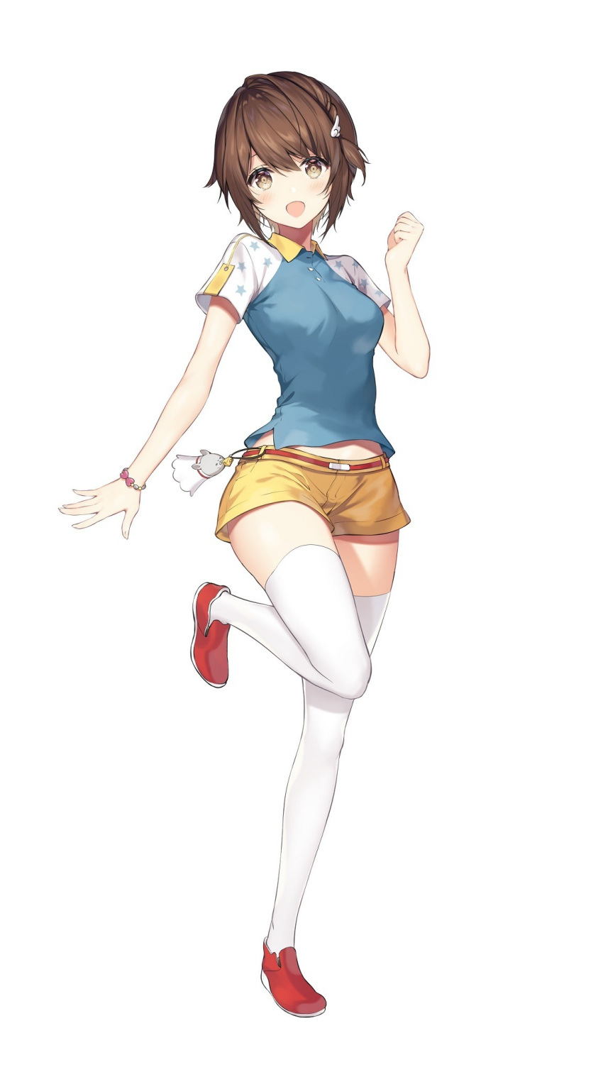 1girl :d badminton_girls blush bracelet brown_eyes brown_hair full_body hair_ornament highres hirose_kanako jewelry looking_at_viewer one_leg_raised open_mouth red_footwear short_hair short_shorts short_sleeves shorts simple_background smile solo standing standing_on_one_leg white_background yellow_shorts