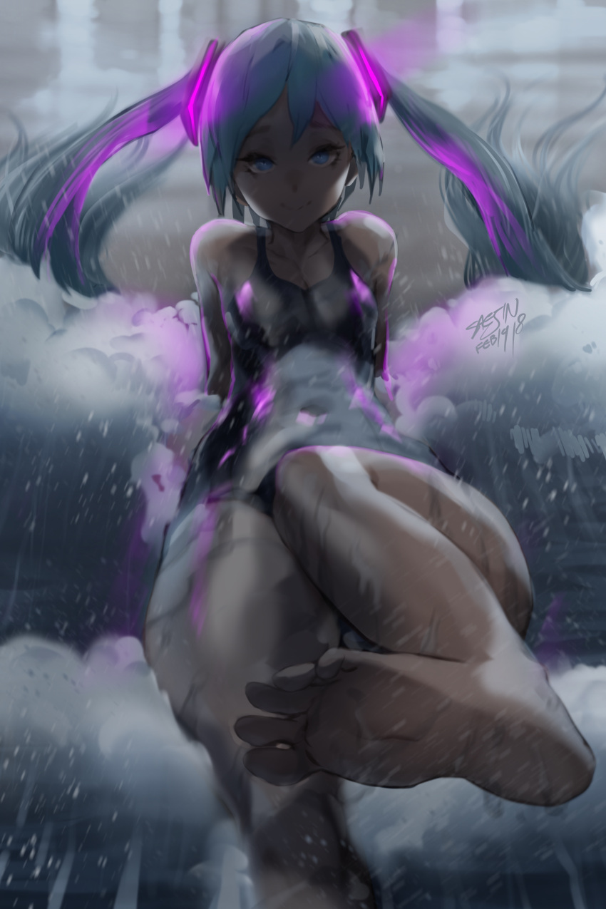 1girl absurdres beach blue_eyes blue_hair hatsune_miku highres looking_at_viewer one-piece_swimsuit partially_submerged saejin_oh smile swimsuit toes twintails vocaloid water waves wet