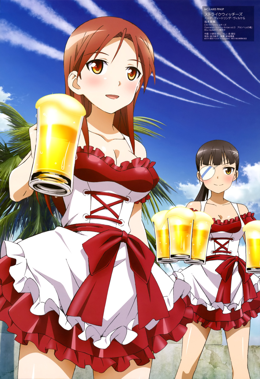 2girls absurdres alcohol beer beer_mug black_hair breasts brown_eyes brown_hair cleavage dirndl dress eyepatch frills german_clothes highres long_hair mc_axis minna-dietlinde_wilcke multiple_girls onoda_masahito sakamoto_mio smoke_trail strike_witches waitress world_witches_series