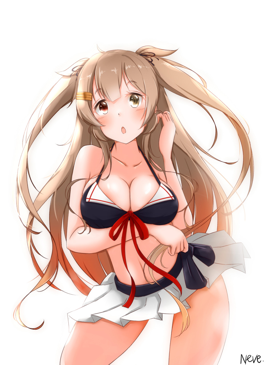 1girl absurdres adapted_costume bikini bikini_skirt black_bikini black_ribbon breasts brown_eyes hair_ornament hair_ribbon hairpin heterochromia highres kantai_collection light_brown_hair long_hair medium_breasts murasame_(kantai_collection) neve open_mouth red_eyes remodel_(kantai_collection) ribbon solo swimsuit twintails white_background