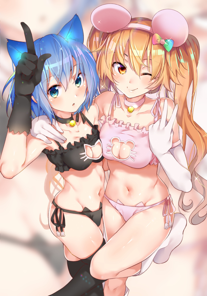 1girl 2girls :o ;) animal_ears ansatsuken_wa_cheat_ni_fukumaremasu_ka?_kanojo_to_mezasu_saikyou_gamer bangs bare_shoulders bell bell_choker black_bra black_choker black_gloves black_neckwear black_panties blue_eyes blue_hair blush bow bra breasts brown_hair cat_cutout cat_ear_panties cat_ears cat_lingerie choker cleavage_cutout closed_mouth commentary elbow_gloves eyebrows_visible_through_hair fake_animal_ears feet_out_of_frame frilled_bra frills gloves gradient_bow hair_between_eyes hair_bow hair_ornament hand_on_another's_shoulder hands_up highres jewelry jingle_bell large_breasts legs_together long_hair looking_at_viewer medium_breasts meme_attire midriff mouse_ears multiple_girls navel necklace one_eye_closed one_leg_raised open_mouth orange_eyes panties paw_pose pink_choker pink_gloves pink_neckwear ryouma_(galley) short_hair side-tie_panties skindentation smile sparkle standing standing_on_one_leg stomach string_panties teeth thigh-highs twintails underwear underwear_only v very_long_hair white_footwear white_legwear