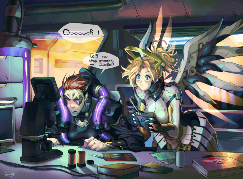 2girls annoyed blonde_hair blue_eyes english heterochromia jean-baptiste_nanteau laboratory leaning_forward mechanical_halo mechanical_wings mercy_(overwatch) microscope moira_(overwatch) multiple_girls notebook overwatch ponytail power_suit red_eyes redhead science short_hair sitting sweatdrop wings writing