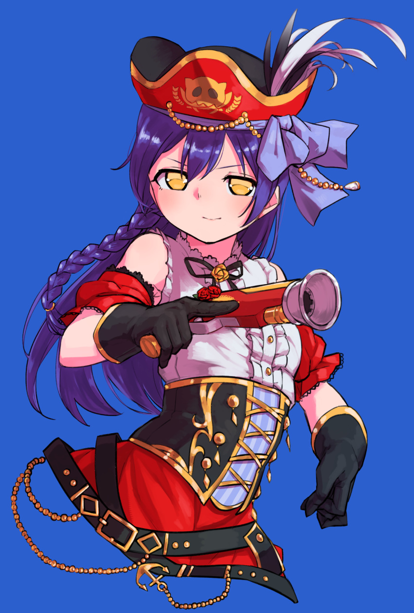 1girl bangs bare_shoulders black_gloves blue_background blue_hair blush braid commentary_request eyebrows_visible_through_hair flower gloves goe_(g-o-e) gun hair_between_eyes hat highres holding holding_gun holding_weapon long_hair looking_at_viewer love_live! love_live!_school_idol_festival love_live!_school_idol_project pirate_costume pirate_hat ribbon simple_background sleeveless smile solo sonoda_umi trigger_discipline upper_body weapon yellow_eyes