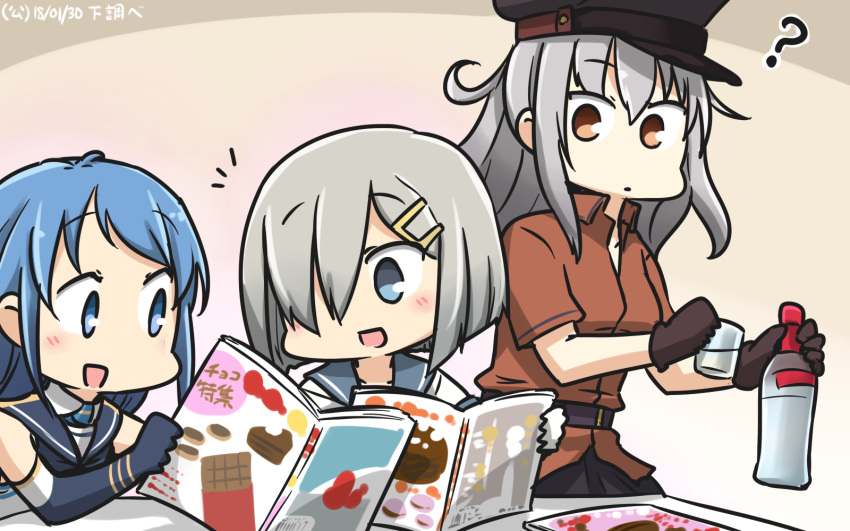 3girls :d ? alcohol black_gloves black_sailor_collar blue_eyes blue_hair blue_sailor_collar book brown_gloves dated elbow_gloves eyebrows_visible_through_hair gangut_(kantai_collection) gloves grey_hair hair_between_eyes hair_over_one_eye hamakaze_(kantai_collection) hamu_koutarou hat highres holding kantai_collection long_hair multiple_girls open_mouth orange_eyes peaked_cap red_shirt remodel_(kantai_collection) sailor_collar samidare_(kantai_collection) school_uniform serafuku shirt short_hair short_sleeves silver_hair sleeveless smile vodka white_gloves