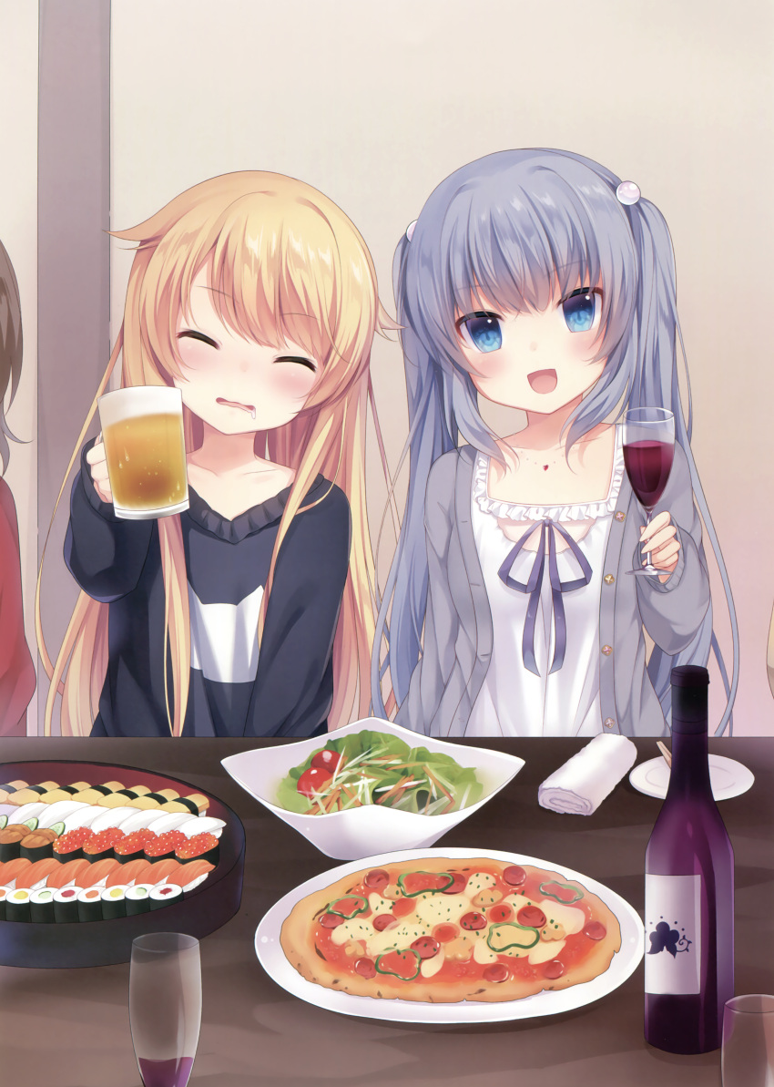 2girls :d absurdres alcohol amashiro_natsuki beer beer_mug black_shirt blonde_hair blue_eyes blue_hair blush cardigan closed_eyes collarbone cup drinking_glass drooling eyebrows_visible_through_hair food grey_sweater hair_ornament head_tilt highres holding holding_drinking_glass jewelry long_hair multiple_girls neck_ribbon necklace open_cardigan open_clothes open_mouth original purple_ribbon ribbon shirt sitting smile twintails very_long_hair wine_glass