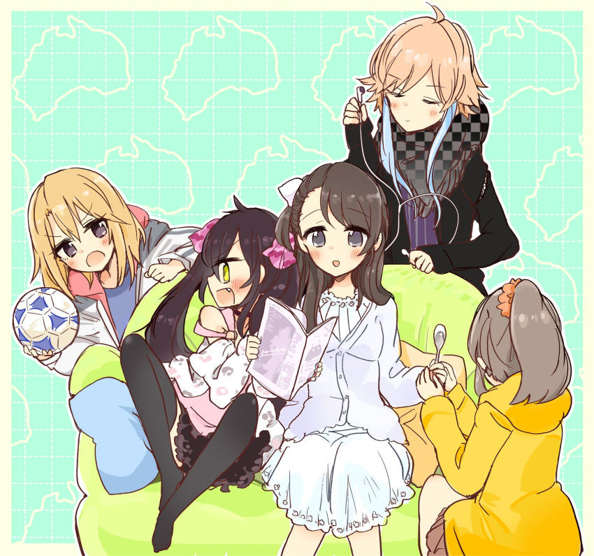 5girls :d australia ball black_eyes black_hair brown_hair cabocha8 chair commentary cushion earphones earphones hair_extensions highres hood hooded_jacket hori_yuuko idolmaster idolmaster_cinderella_girls jacket kurihara_nene long_hair matoba_risa multiple_girls ninomiya_asuka open_mouth orange_hair skirt smile soccer_ball spoon thigh-highs twintails yellow_eyes yellow_jacket yuuki_haru