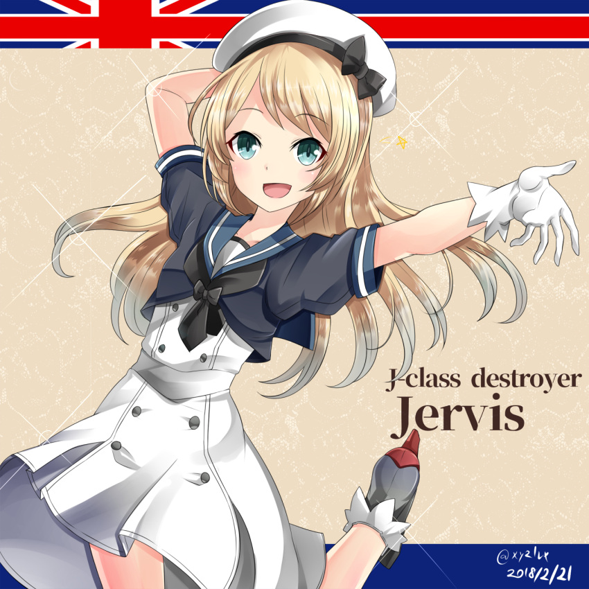 1girl :d bangs beret black_bow black_shirt blonde_hair blue_eyes blush bow character_name commentary_request dated dress eyebrows_visible_through_hair gloves hat hat_bow hebitsukai-san highres jervis_(kantai_collection) kantai_collection long_hair looking_at_viewer open_mouth outstretched_arm puffy_short_sleeves puffy_sleeves shirt short_sleeves smile solo standing standing_on_one_leg twitter_username union_jack white_dress white_gloves white_hat