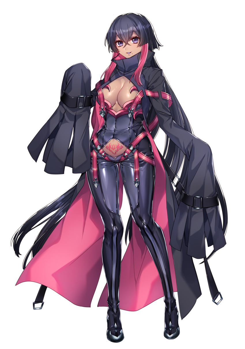 1girl bangs bodysuit breasts cleavage cleavage_cutout commentary_request dark_skin eyebrows_visible_through_hair full_body gradient_hair highres katagiri_hachigou long_hair long_sleeves medium_breasts mole mole_under_mouth multicolored_hair open_mouth original pink_hair purple_hair shiny shiny_clothes shiny_skin simple_background skin_tight sleeves_past_wrists solo standing tattoo very_long_hair violet_eyes white_background wide_sleeves