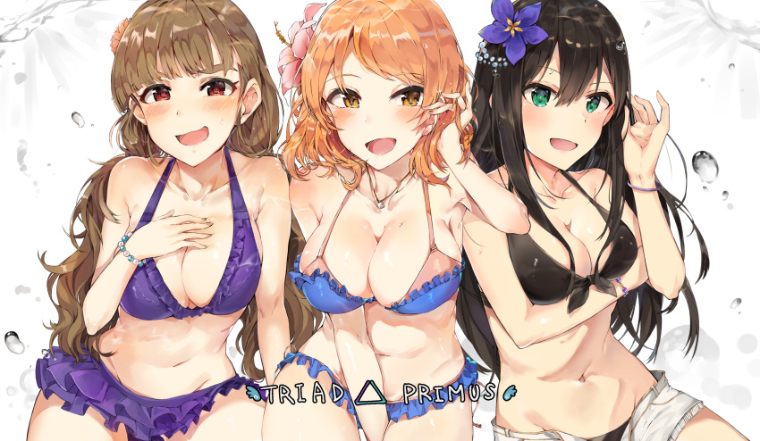 3girls :d absurdres adjusting_hair bare_shoulders bikini black_bikini black_hair blue_bikini blush bracelet breasts brown_eyes brown_hair cleavage collarbone eyebrows eyebrows_visible_through_hair flower frilled_bikini frills front-tie_bikini front-tie_top green_eyes hair_flower hair_ornament hand_on_own_chest highres houjou_karen idolmaster idolmaster_cinderella_girls jewelry kamiya_nao large_breasts long_hair looking_at_viewer medium_breasts multiple_girls navel necklace open_mouth orange_hair purple_bikini red_eyes shibuya_rin short_shorts shorts smile swimsuit thick_eyebrows triad_primus tuxedo_de_cat twintails water