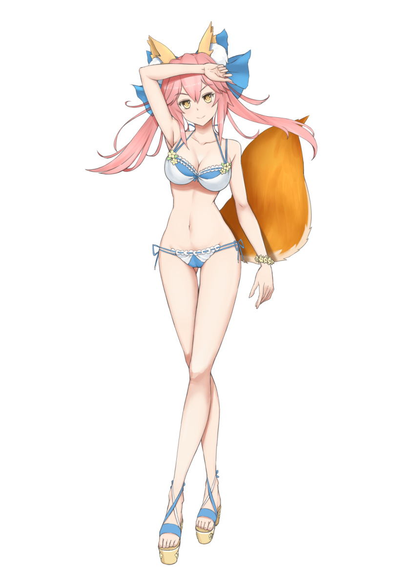 1girl animal_ears bikini blue_bikini blue_ribbon breasts cleavage collarbone fate/grand_order fate_(series) flower fox_ears fox_tail full_body groin hair_ribbon highres japanese_clothes jilu large_breasts looking_at_viewer navel pink_hair ribbon side-tie_bikini simple_background solo swimsuit tail tamamo_(fate)_(all) tamamo_no_mae_(fate) white_background yellow_eyes