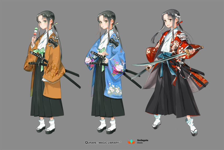 1girl copyright_name dango dual_wielding eating floral_print flower food grey_background grey_eyes grey_hair hair_flower hair_ornament hakama holding holding_sword holding_weapon japanese_clothes katana long_hair looking_at_viewer multiple_views official_art open_mouth ponytail qurare_magic_library sandals sheath sheathed sidelocks sword wagashi weapon white_legwear zzinp