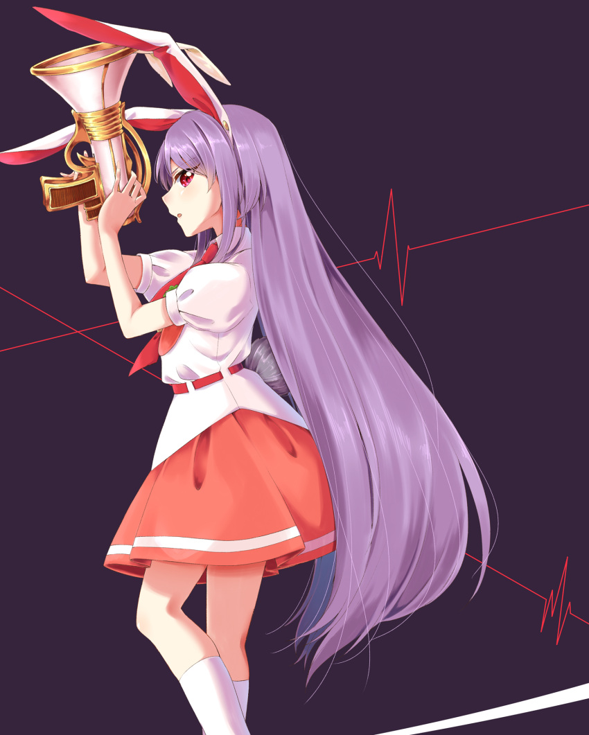 1girl :o animal_ears blush bunny_tail collared_shirt eyebrows_visible_through_hair feet_out_of_frame highres kneehighs ksk_(semicha_keisuke) long_hair looking_at_viewer looking_to_the_side lunatic_gun medium_skirt necktie open_mouth pink_eyes profile puffy_short_sleeves puffy_sleeves purple_background purple_hair rabbit_ears red_neckwear red_skirt reisen_udongein_inaba shiny shiny_hair shirt short_sleeves side_glance skirt solo standing strapless tail touhou very_long_hair white_legwear white_shirt wing_collar